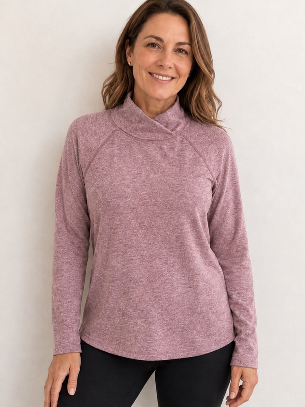 Apana Yoga Long Sleeve Funnel-Neck Fleece Pullover Top - Light Pink/Mauve